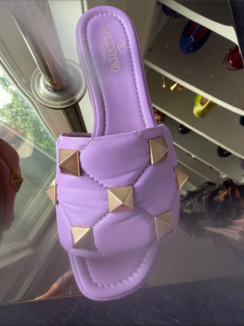 Valentino Lavender Quilted Rockstud Slide Sandal with Gold Studs - Picture 9 of 9